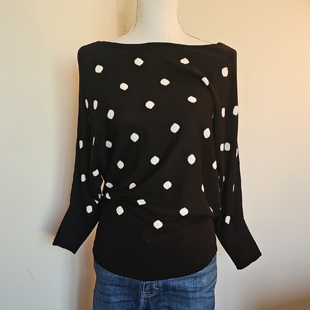 WHBM Off-the-Shoulder Black Sweater with White Dots